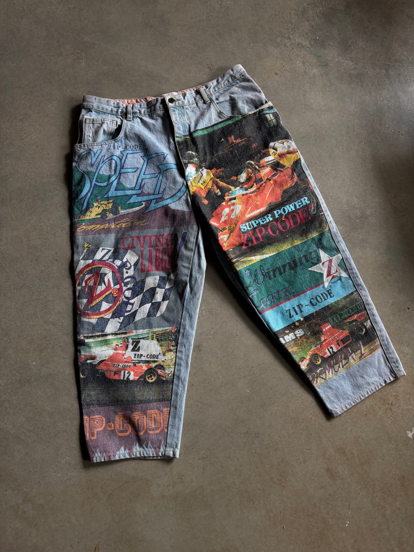 VTG Zip Code Formula One Graphic Jeans Sz 36x24