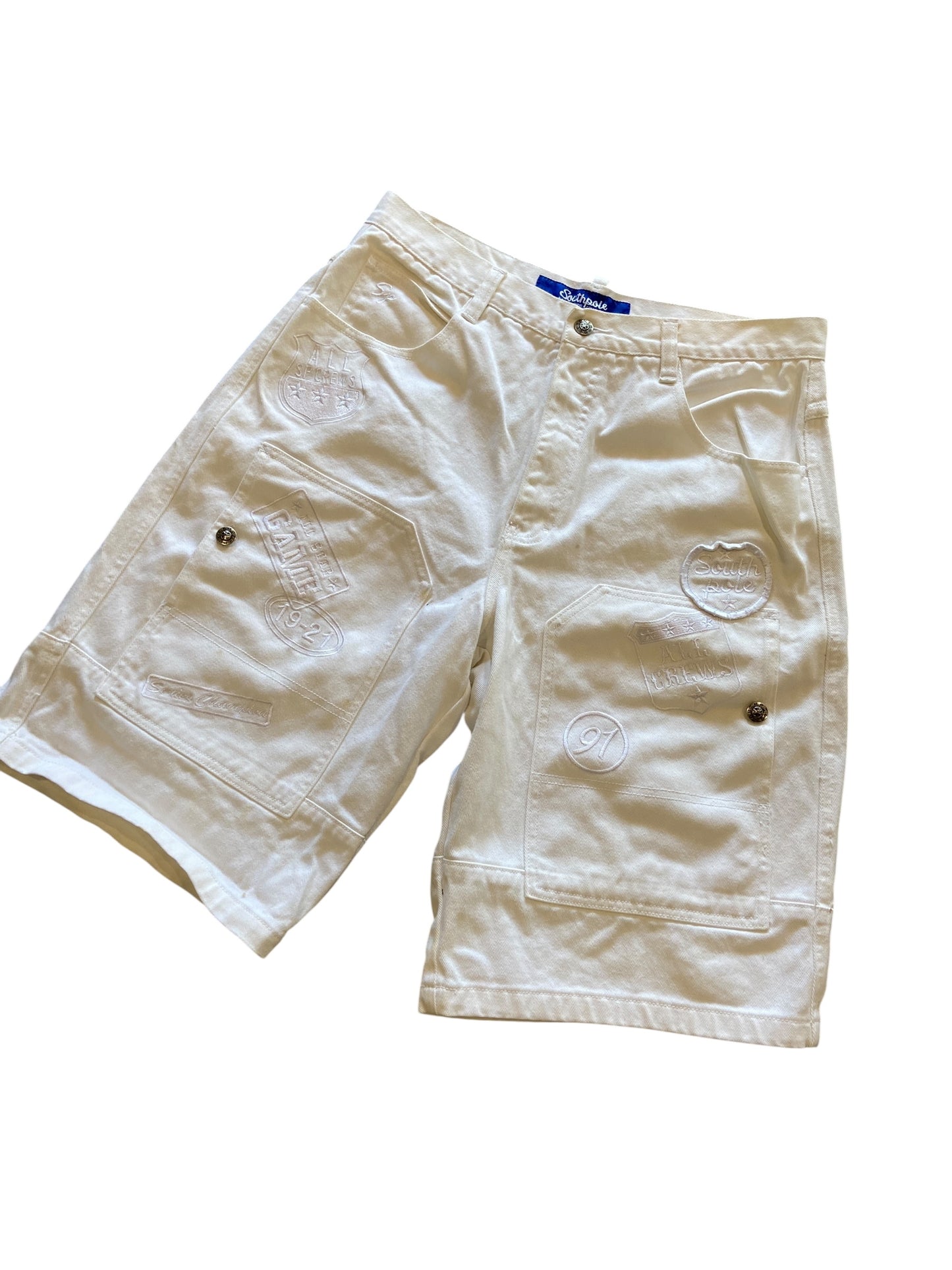 Y2K White Southpole Embroidered Denim Shorts Sz 36
