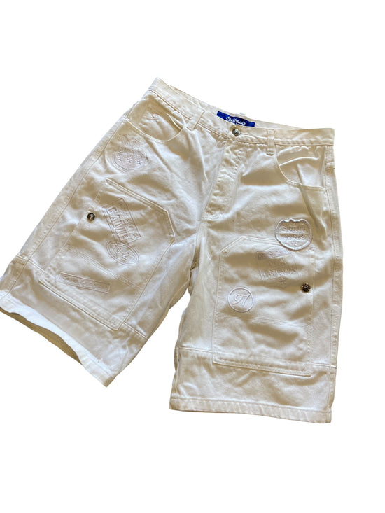 Y2K White Southpole Embroidered Denim Shorts Sz 36