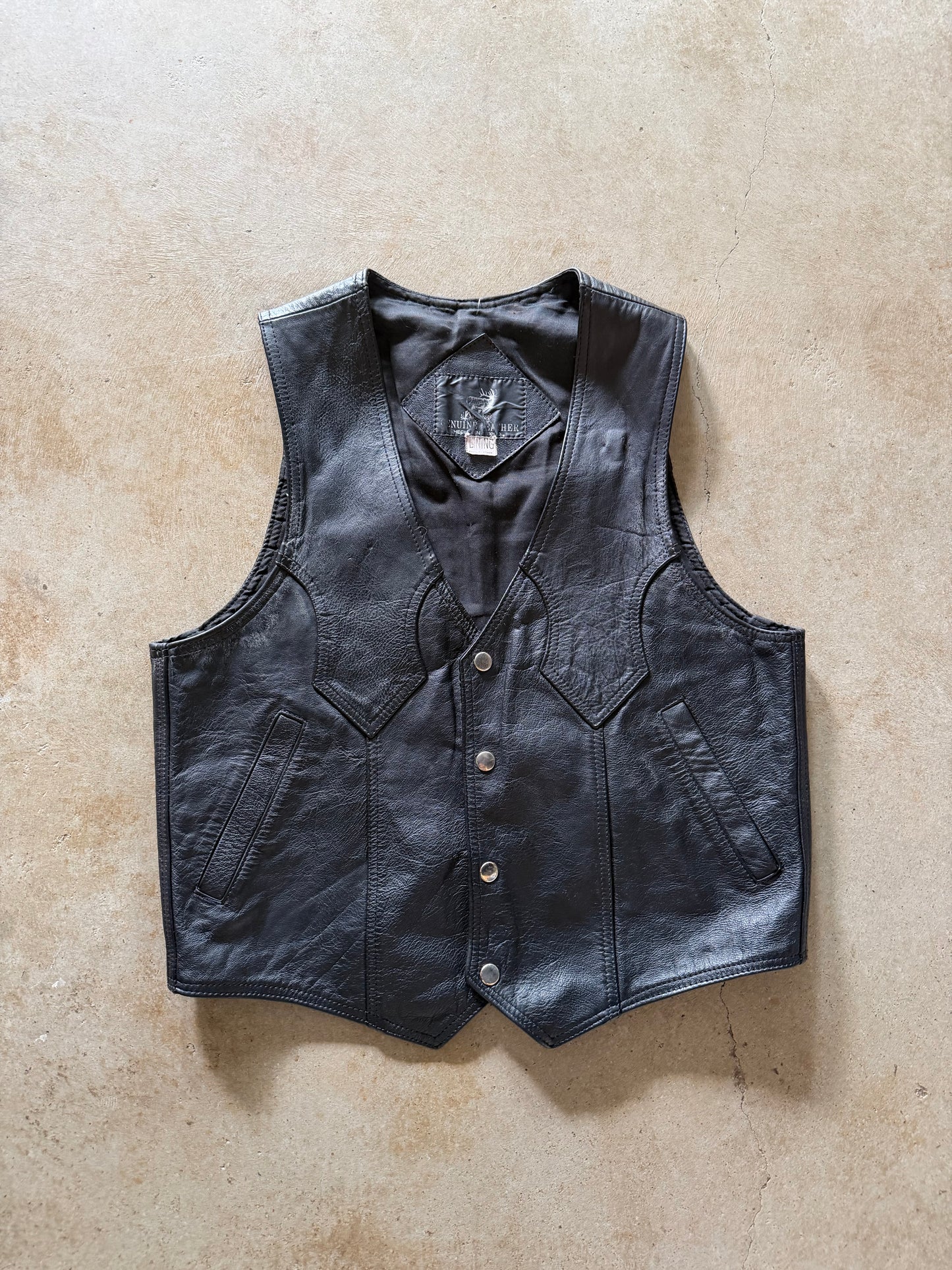 VTG Black Leaher Motorcycle Vest Sz M/L