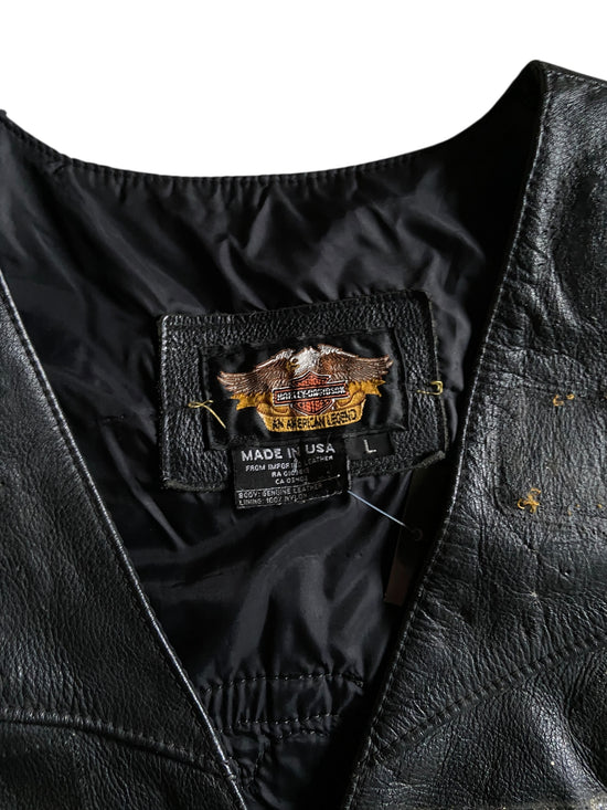 VTG Thrashed Harley Davidson USMC Leather Vest Sz L