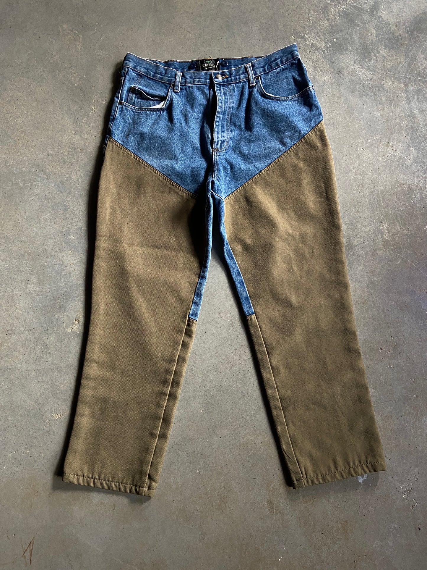 Y2K Red Head Denim Brush Pants Sz 36x29