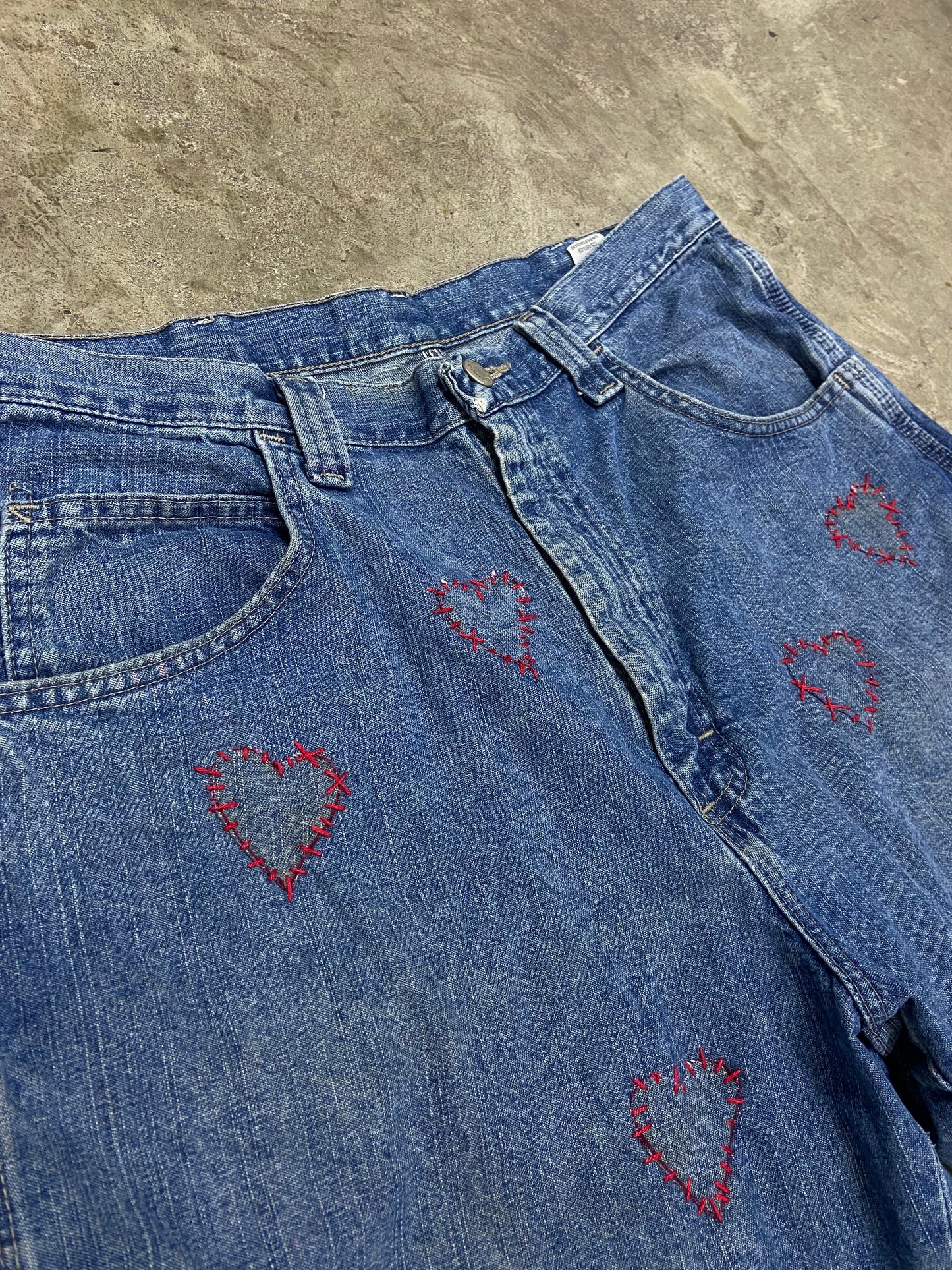 Reworked Hearts Denim Work Shorts Sz 34