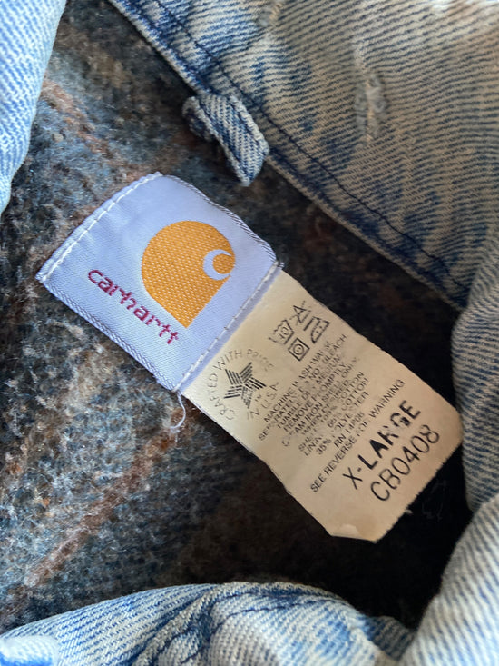 VTG Union Made Carhartt Denim Blanket Lined Chore Coat CB0408 Sz XL