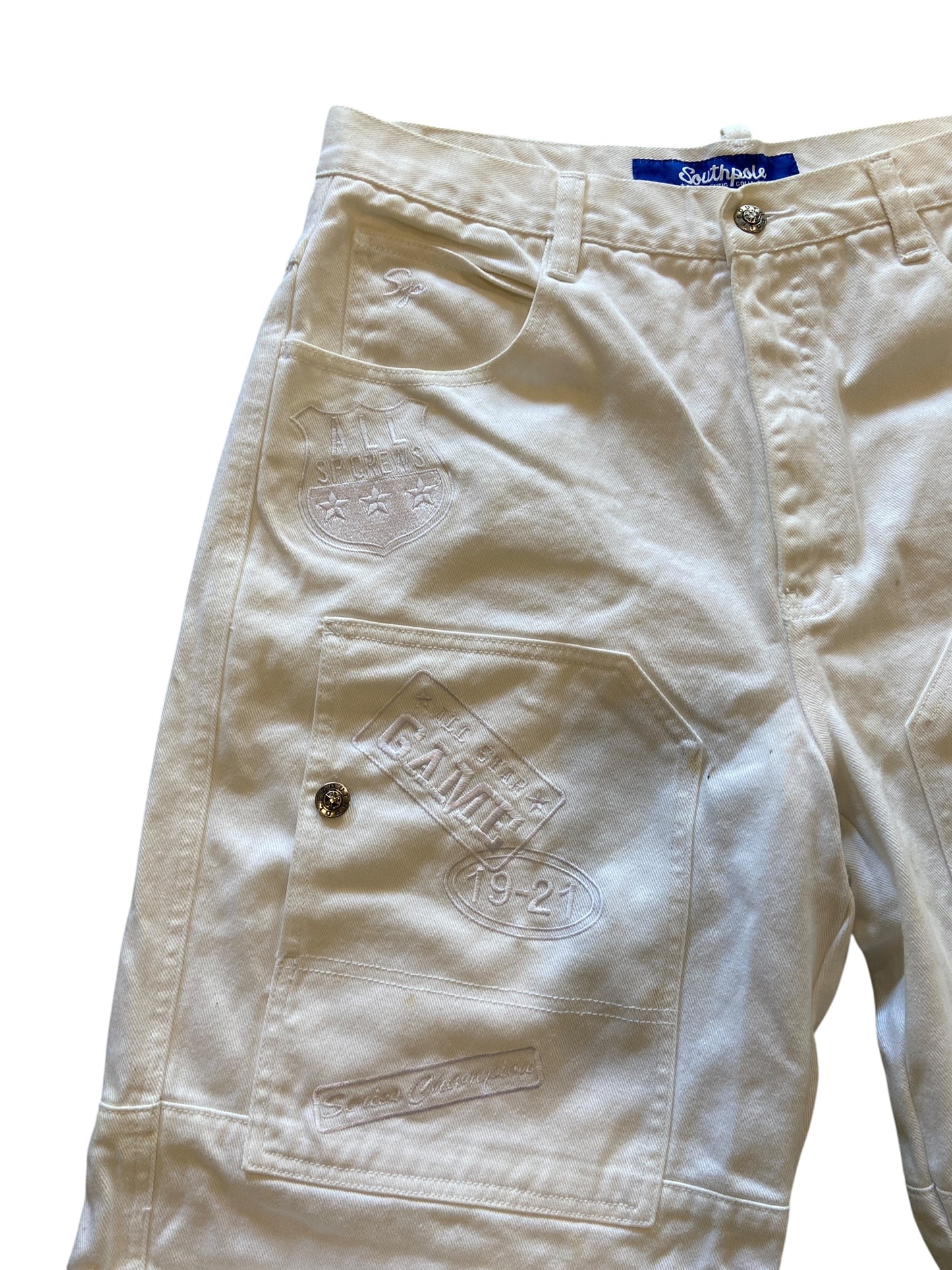 Y2K White Southpole Embroidered Denim Shorts Sz 36