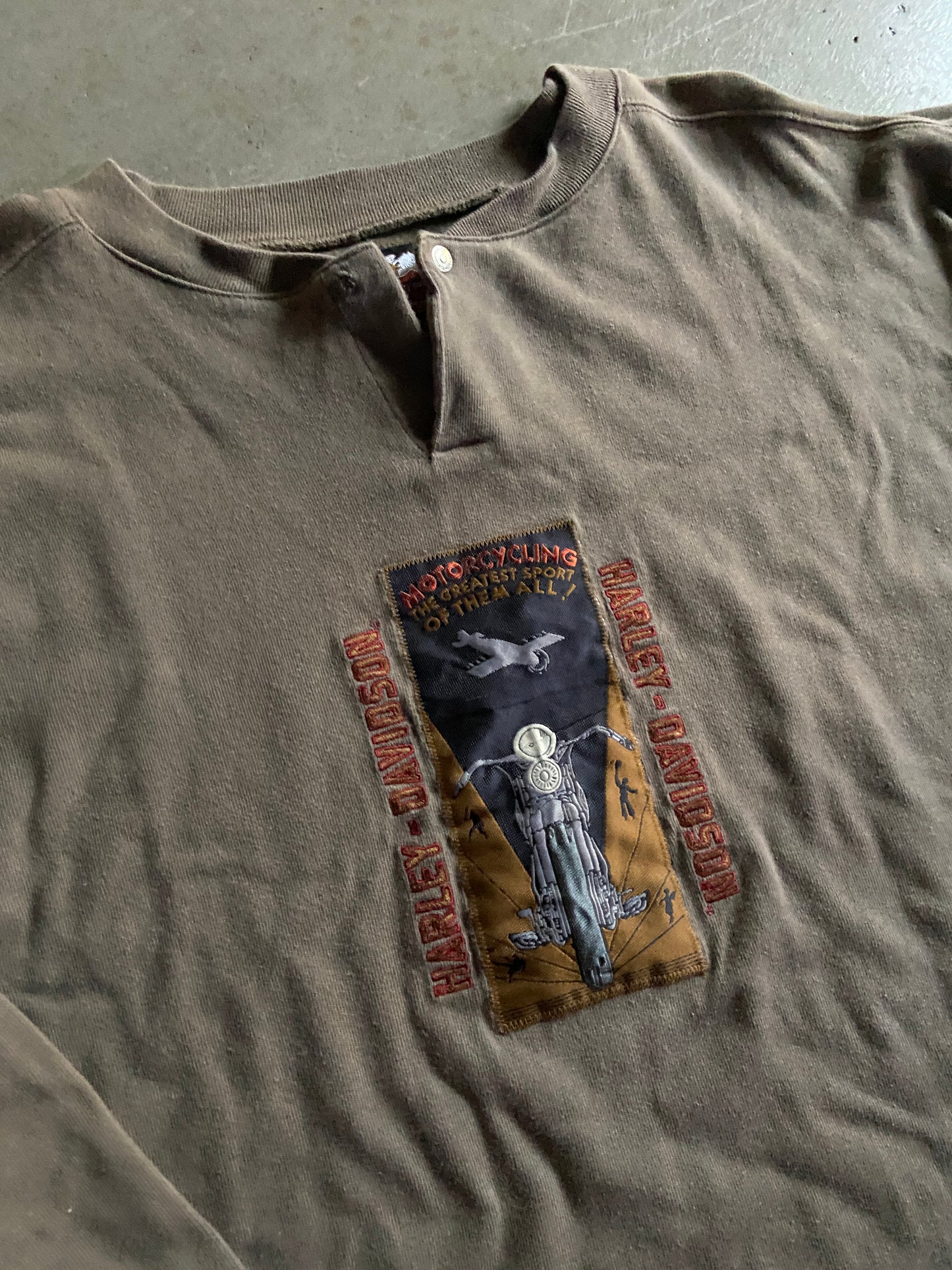 VTG Harley Davidson Thick Patch Henley L/S Tee Sz L