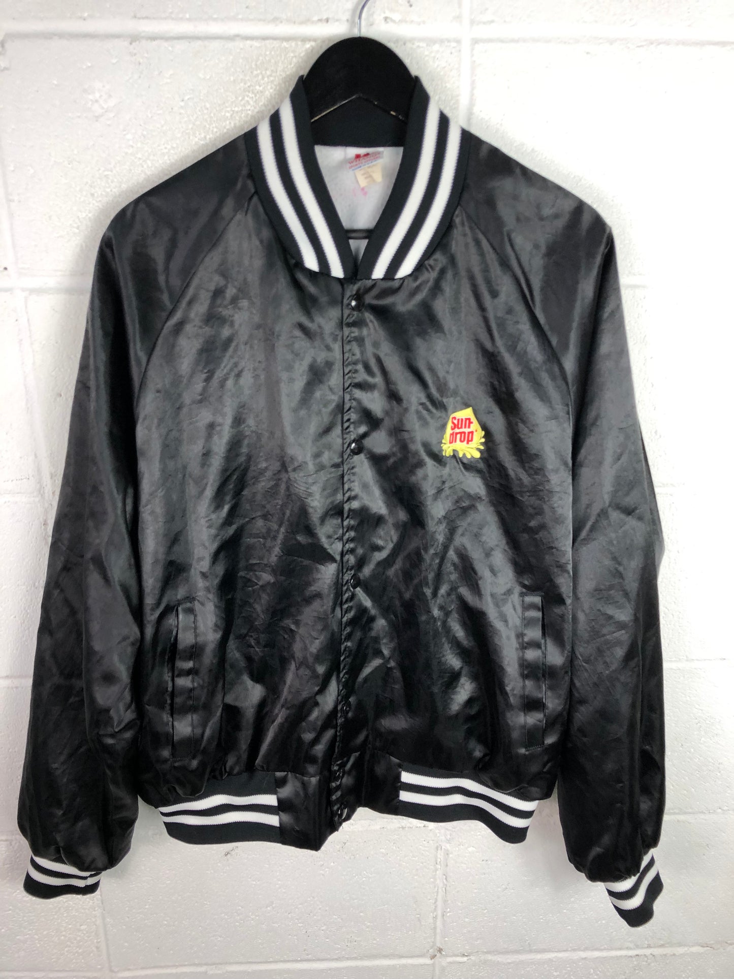 VTG Sundrop Soda Black Satin Jacket Sz L