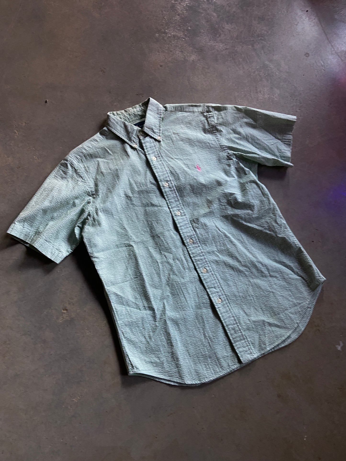 VTG Ralph Lauren Green Seersucker S/S Shirt Sz M