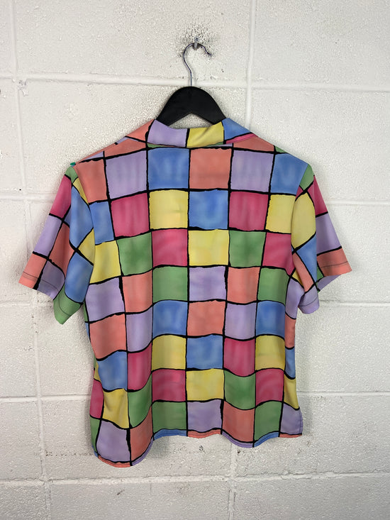 VTG Multicolor Checkered Button Up Wmns Shirt Sz L