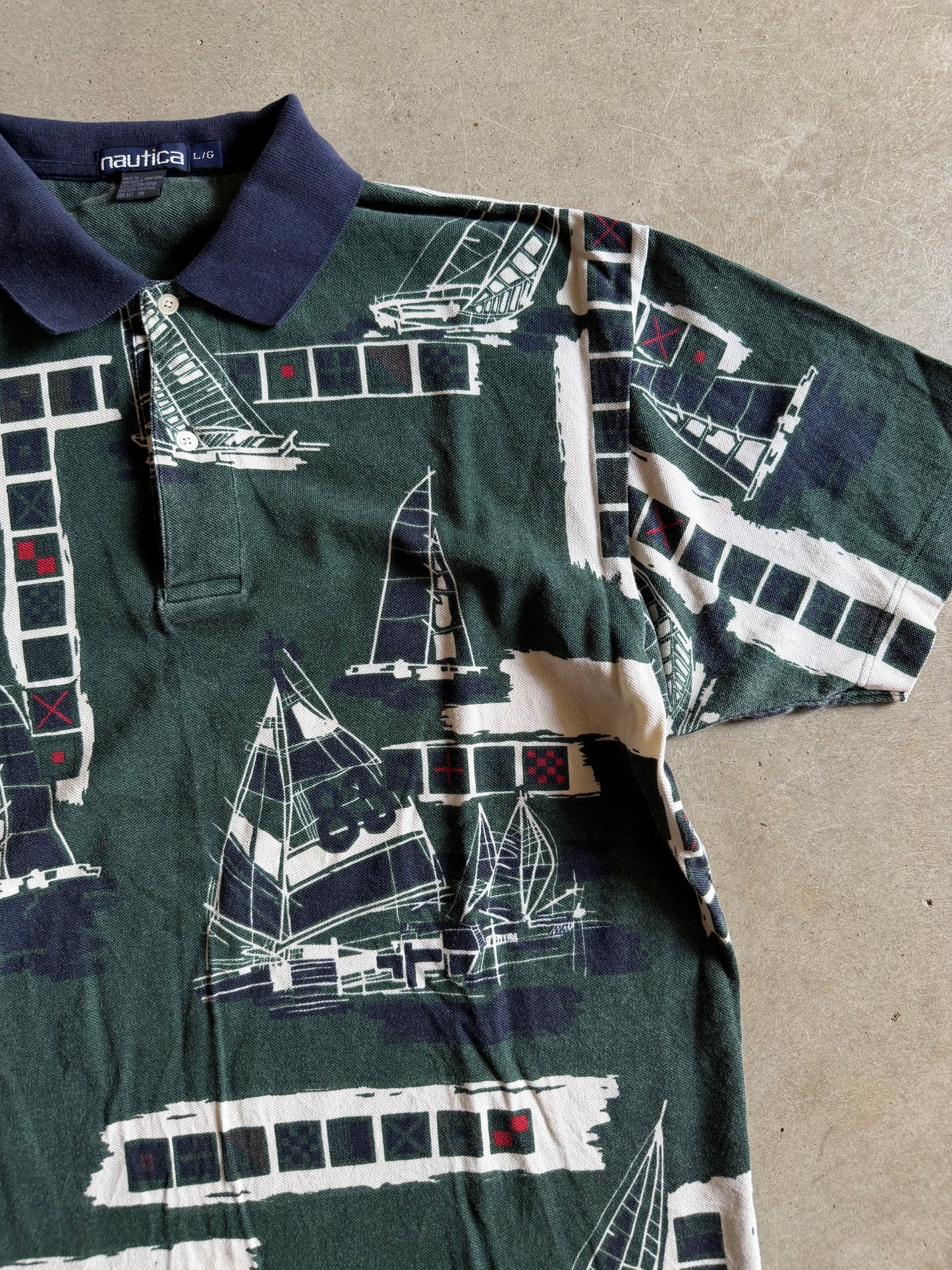 VTG Nautica Boat Green/Navy Blue Polo Shirt Sz L