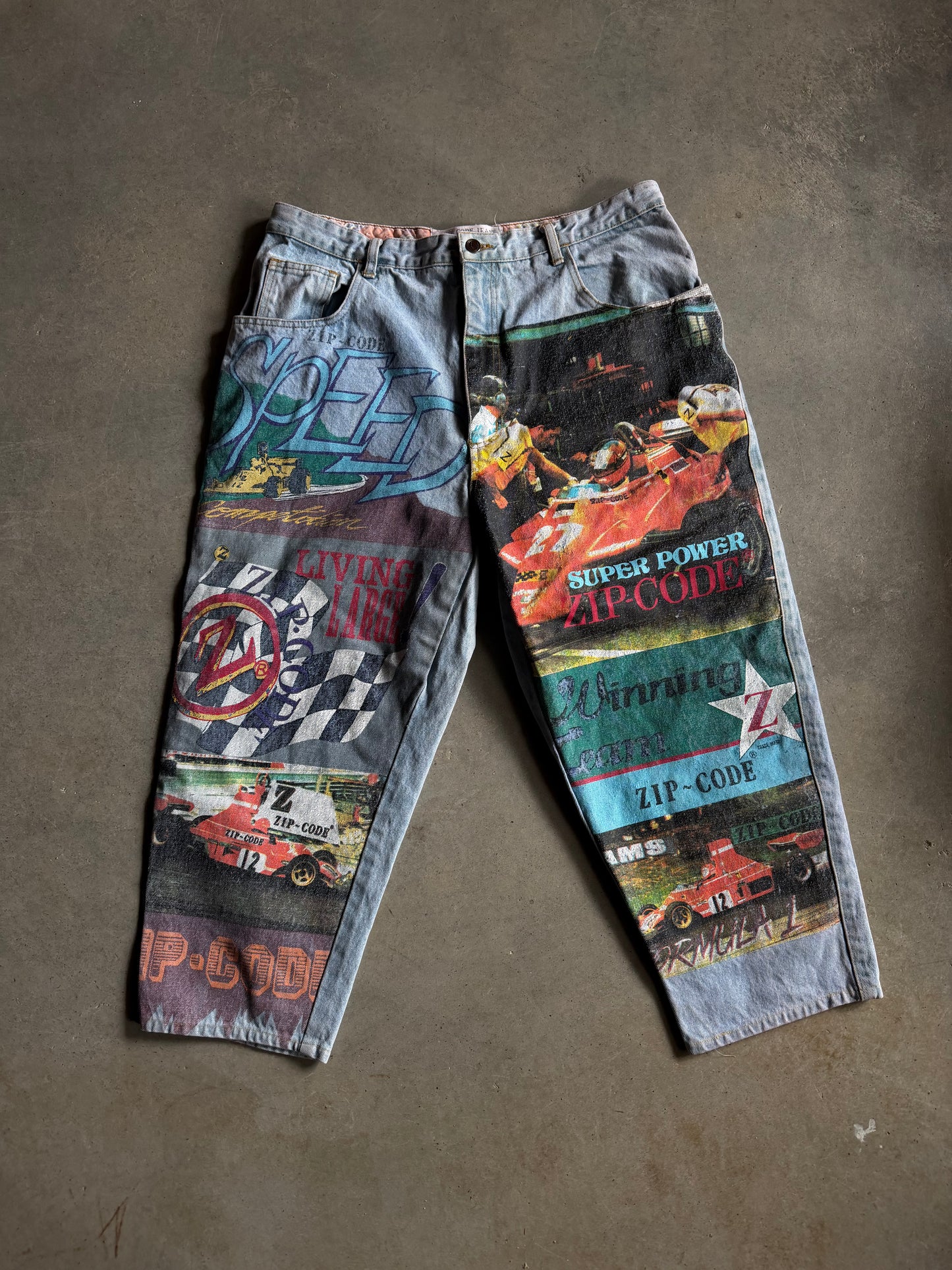 VTG Zip Code Formula One Graphic Jeans Sz 36x24