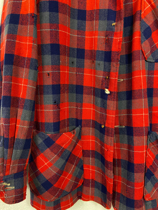 VTG Thrashed 60's Wool Red Chore Flannel Shirt Sz L