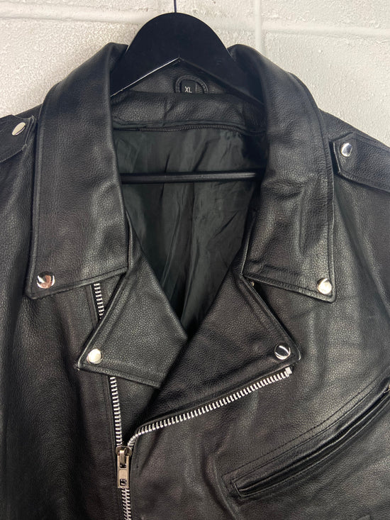 VTG Black Leather Heavy Biker Jacket Sz XL