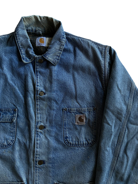 VTG Union Made Carhartt Denim Blanket Lined Chore Coat CB0408 Sz XL