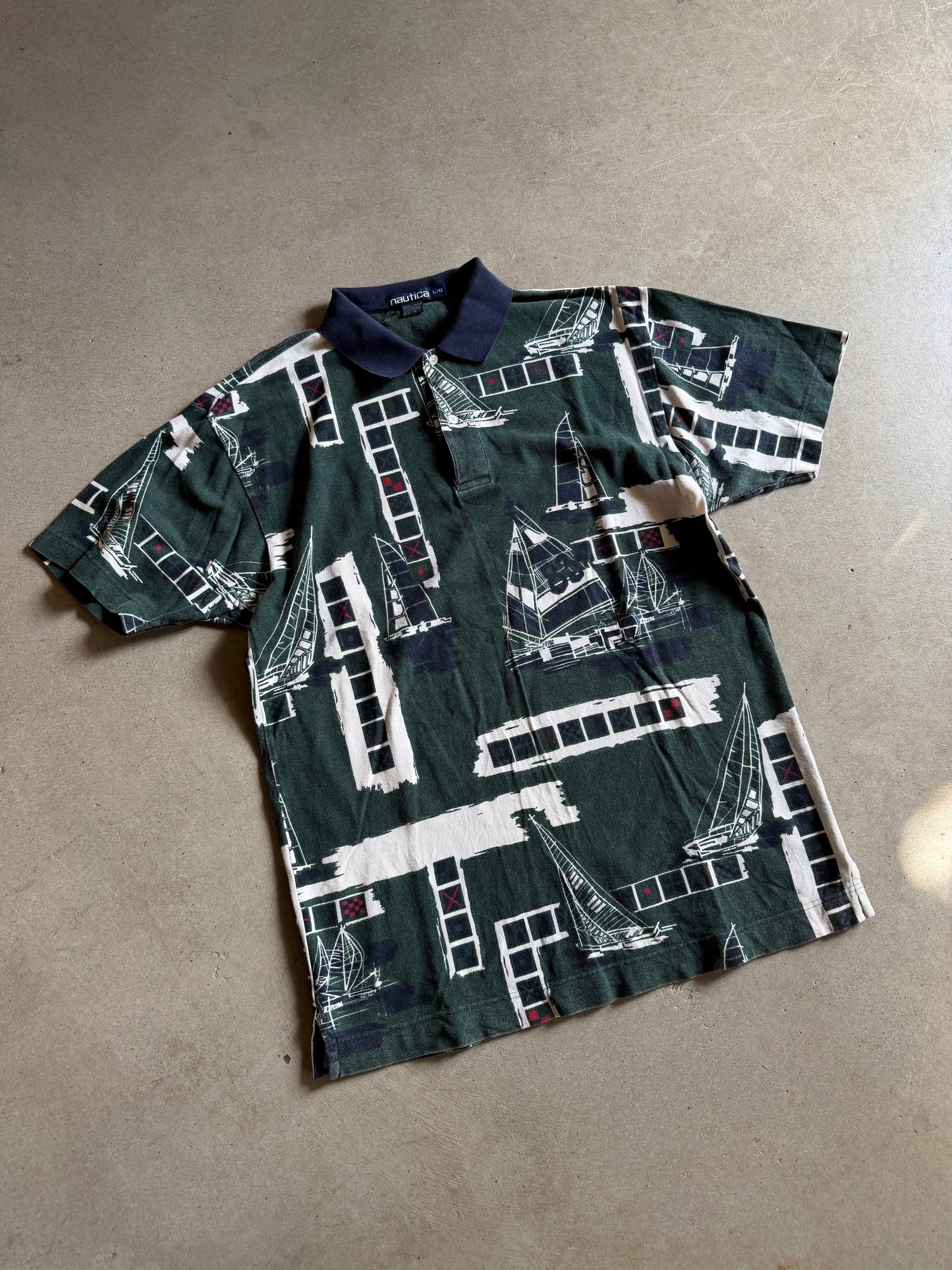 VTG Nautica Boat Green/Navy Blue Polo Shirt Sz L