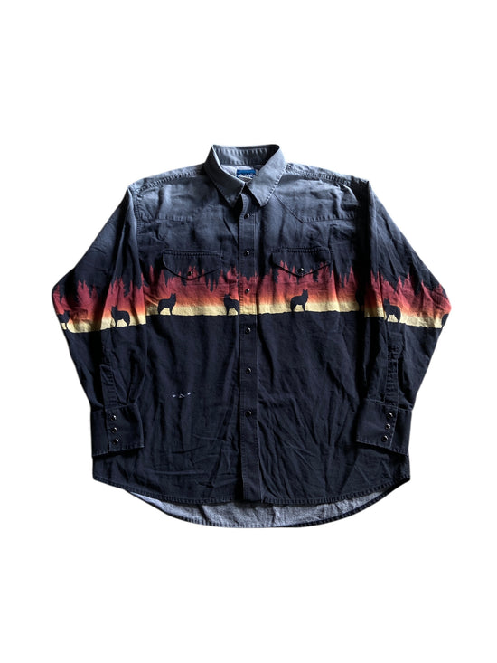 VTG Wrangler Western Wolves Button Up Shirt Sz 2XL