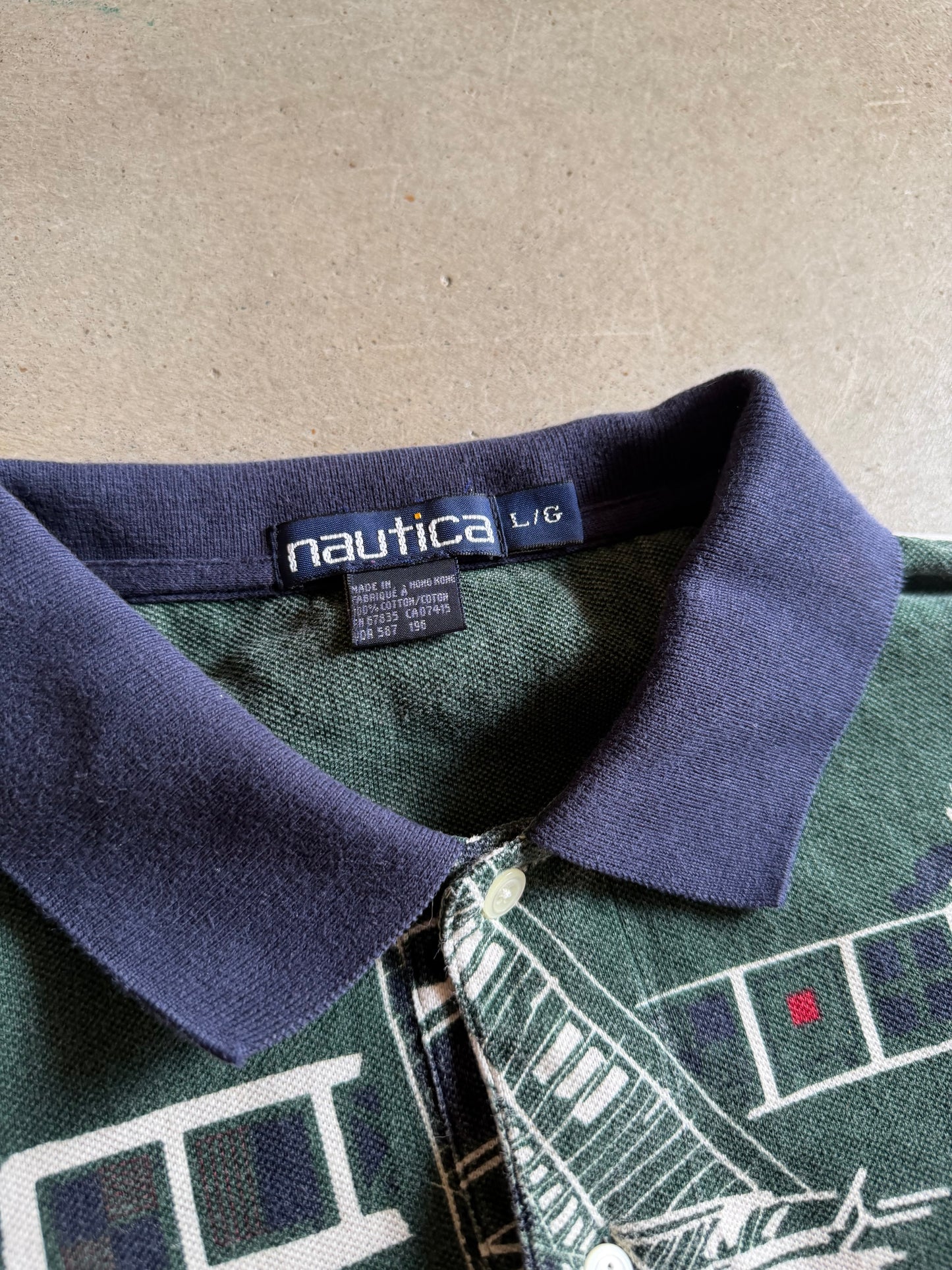 VTG Nautica Boat Green/Navy Blue Polo Shirt Sz L