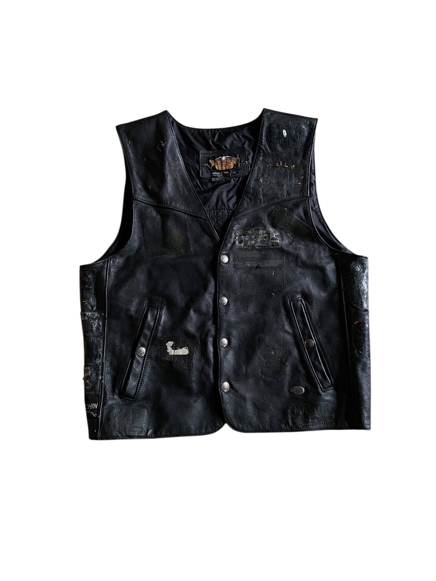 VTG Thrashed Harley Davidson USMC Leather Vest Sz L