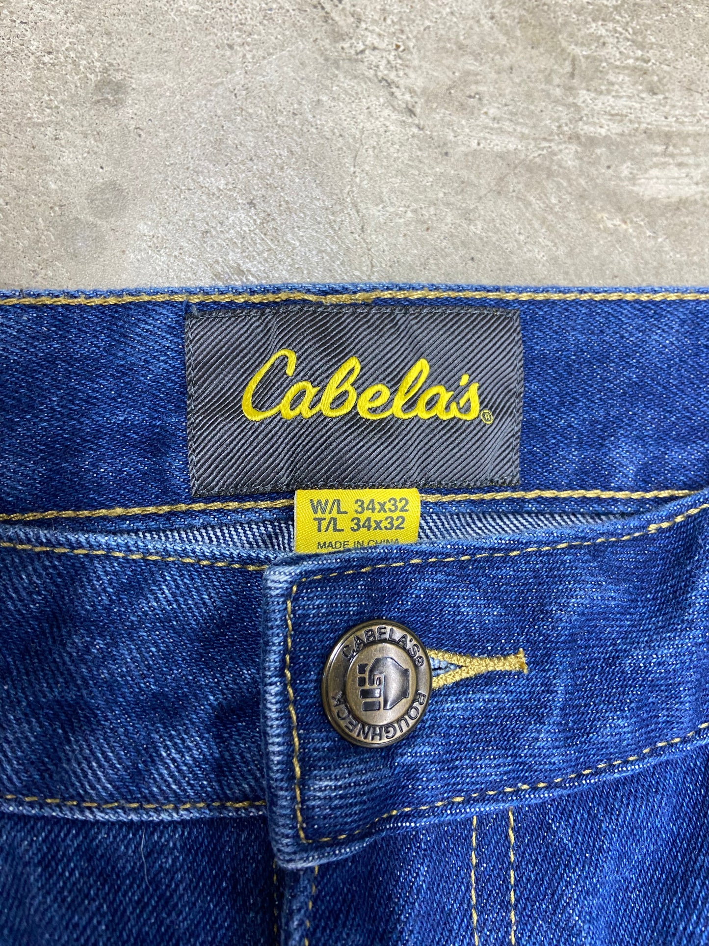 Y2K Cabela's Denim Blue/Brown Split Work Jeans Sz 34x32