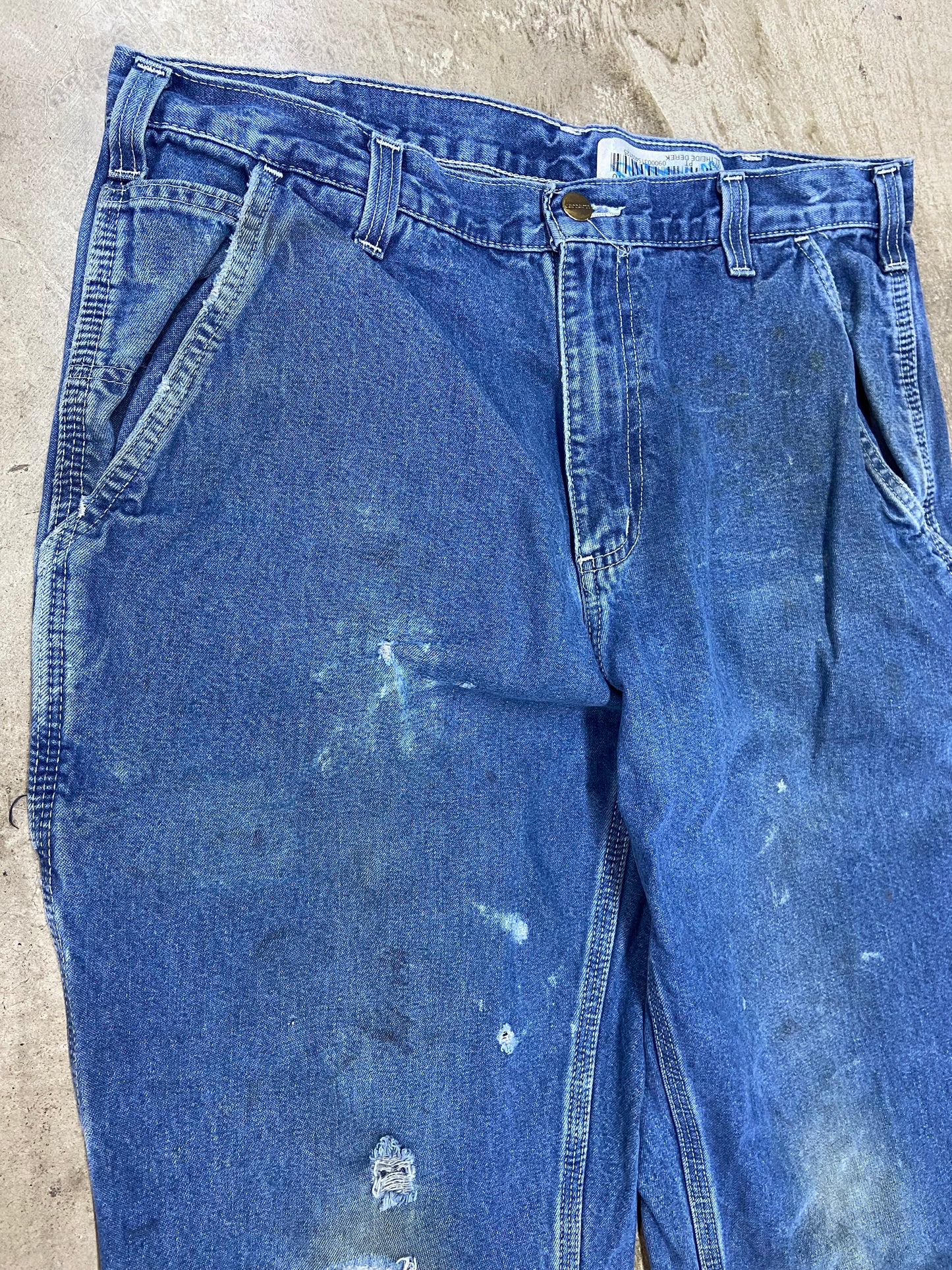 VTG Carhartt Distressed Blue Denin Carpenter Jeans Sz 34x32