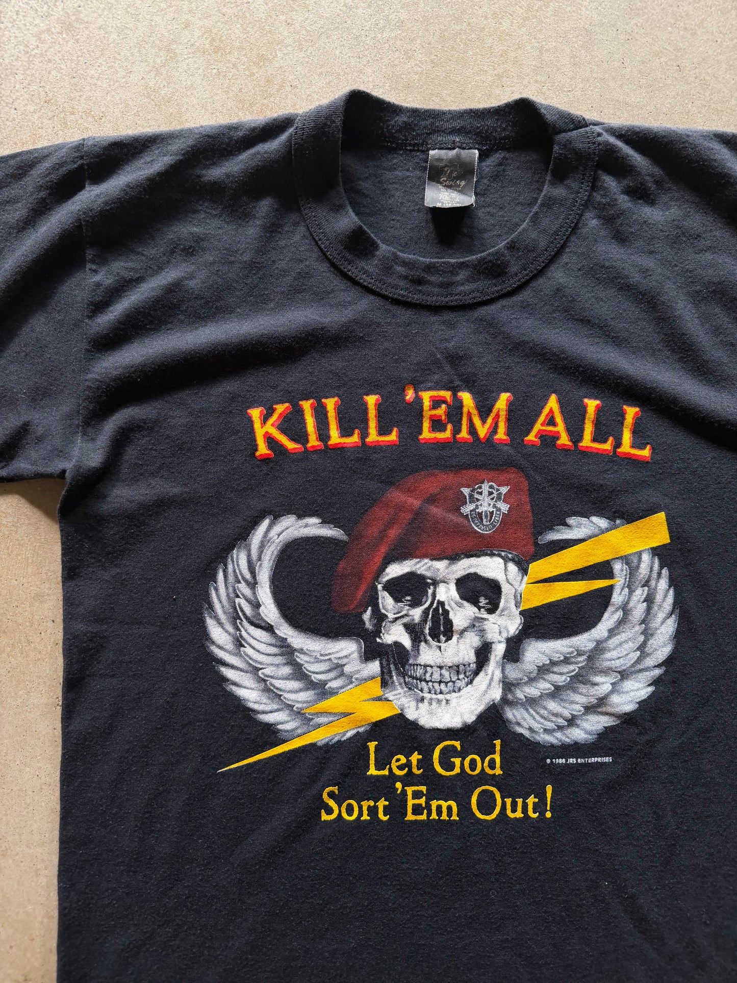 VTG Kill Em All Let God Sort Em Out 1986 JRS Tee Sz M