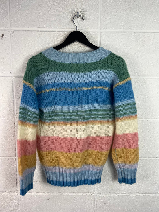 VTG Baby Blue/Multicolor V-Neck Sweater Sz M