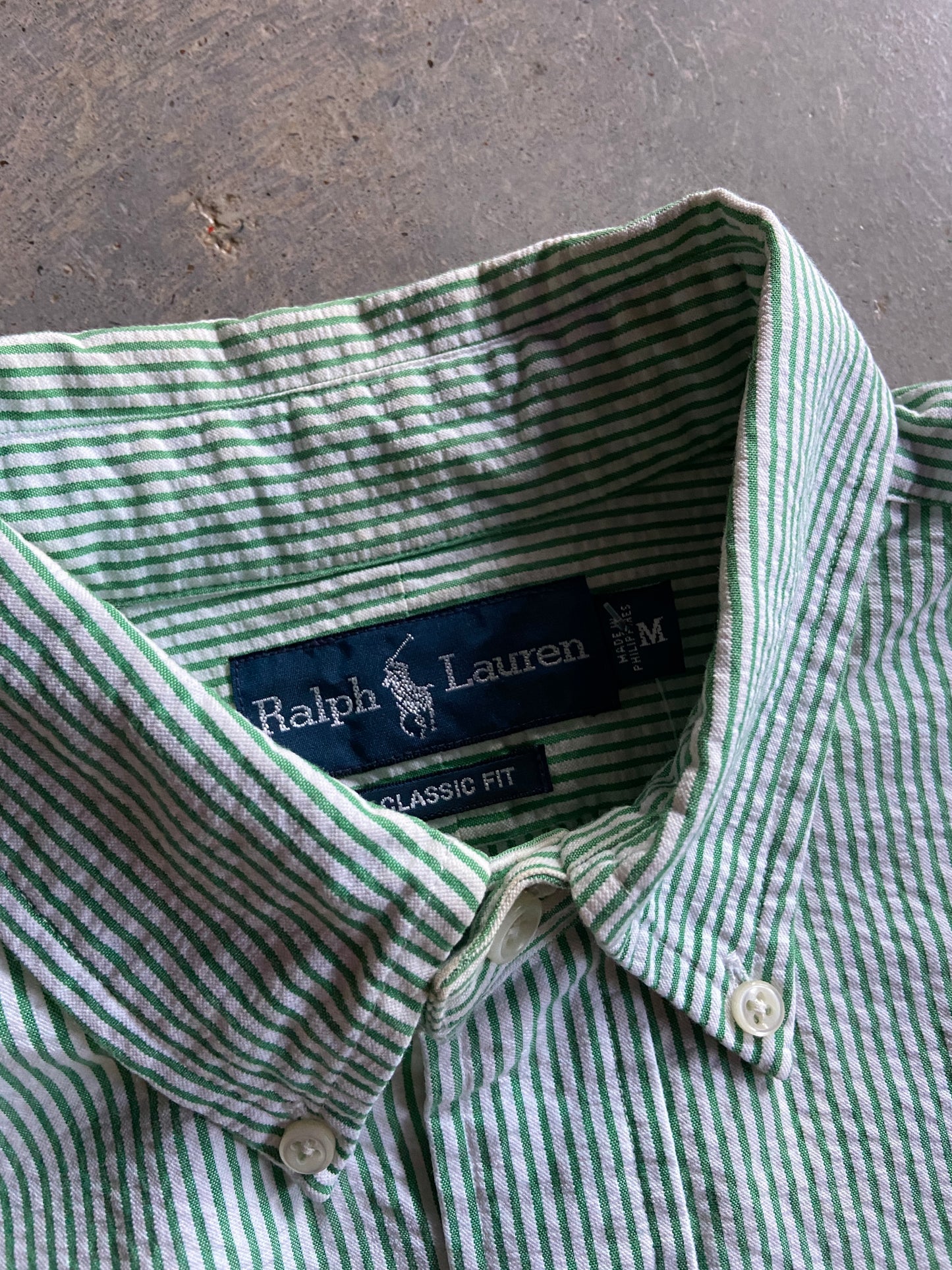 VTG Ralph Lauren Green Seersucker S/S Shirt Sz M