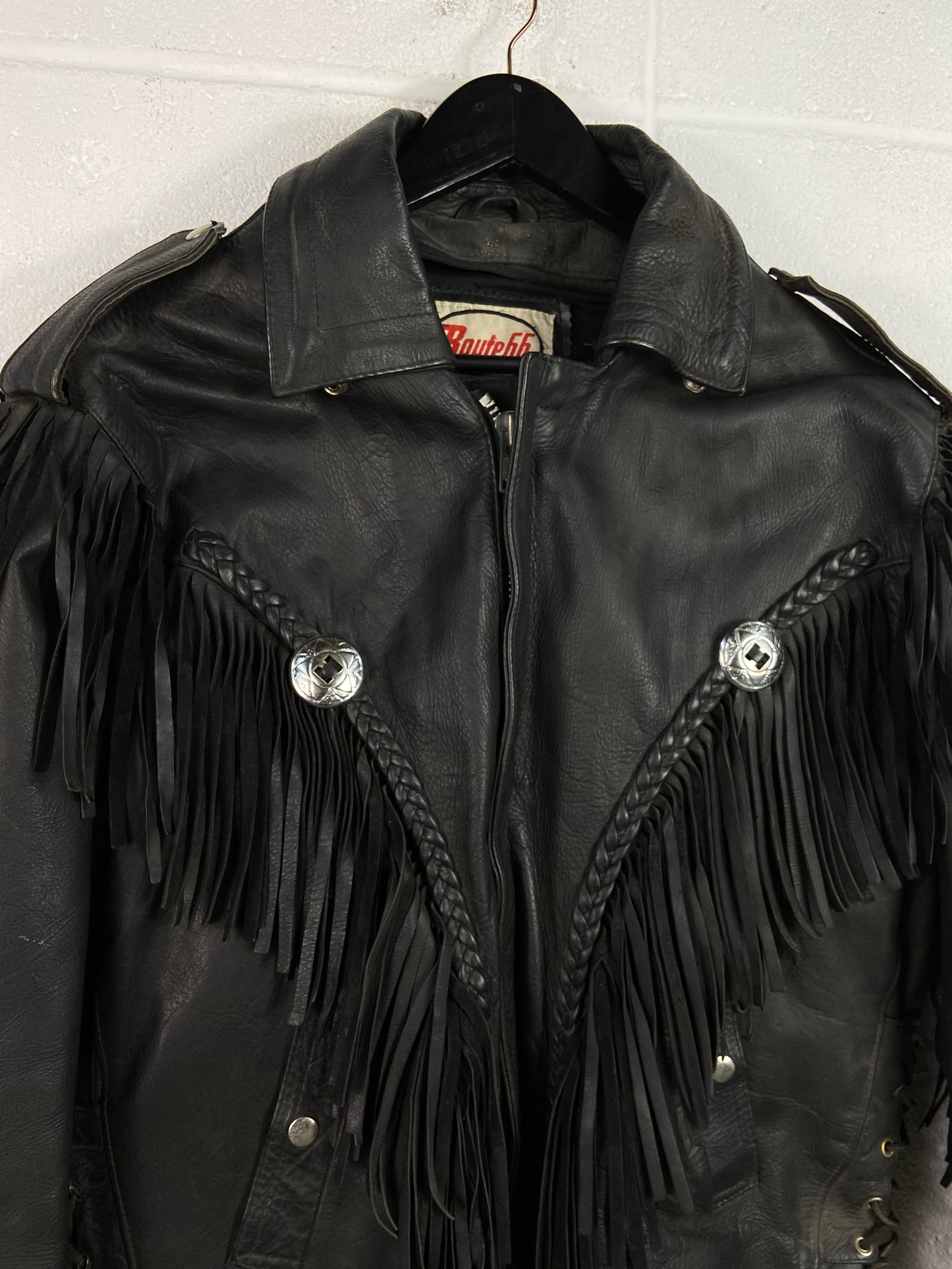 Vtg Route 66 Tassel Leather Biker Jacket Sz L