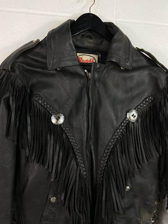 Vtg Route 66 Tassel Leather Biker Jacket Sz L