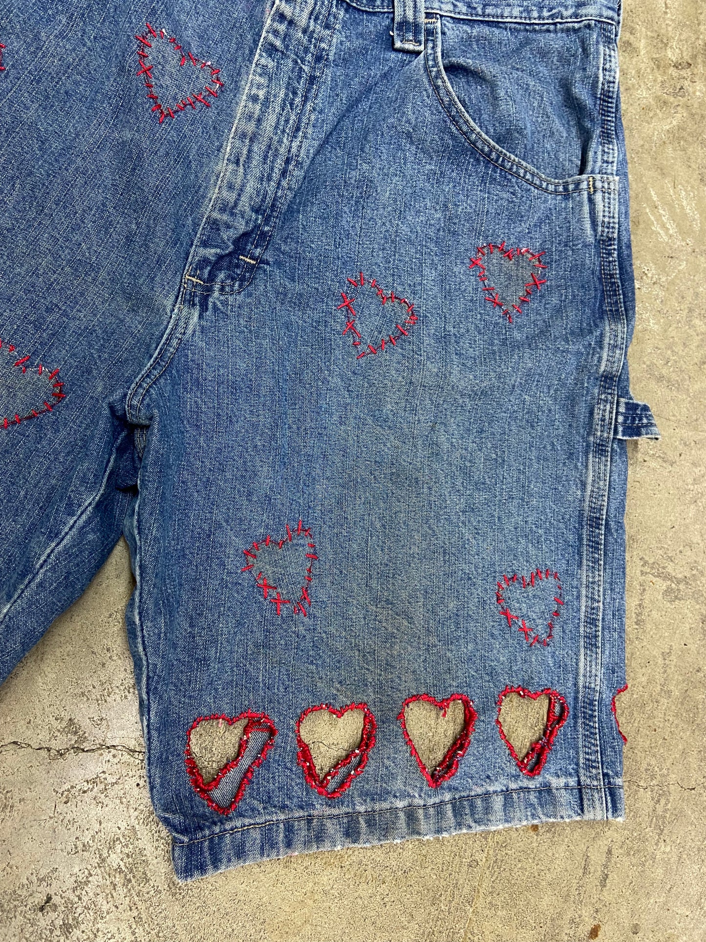 Reworked Hearts Denim Work Shorts Sz 34