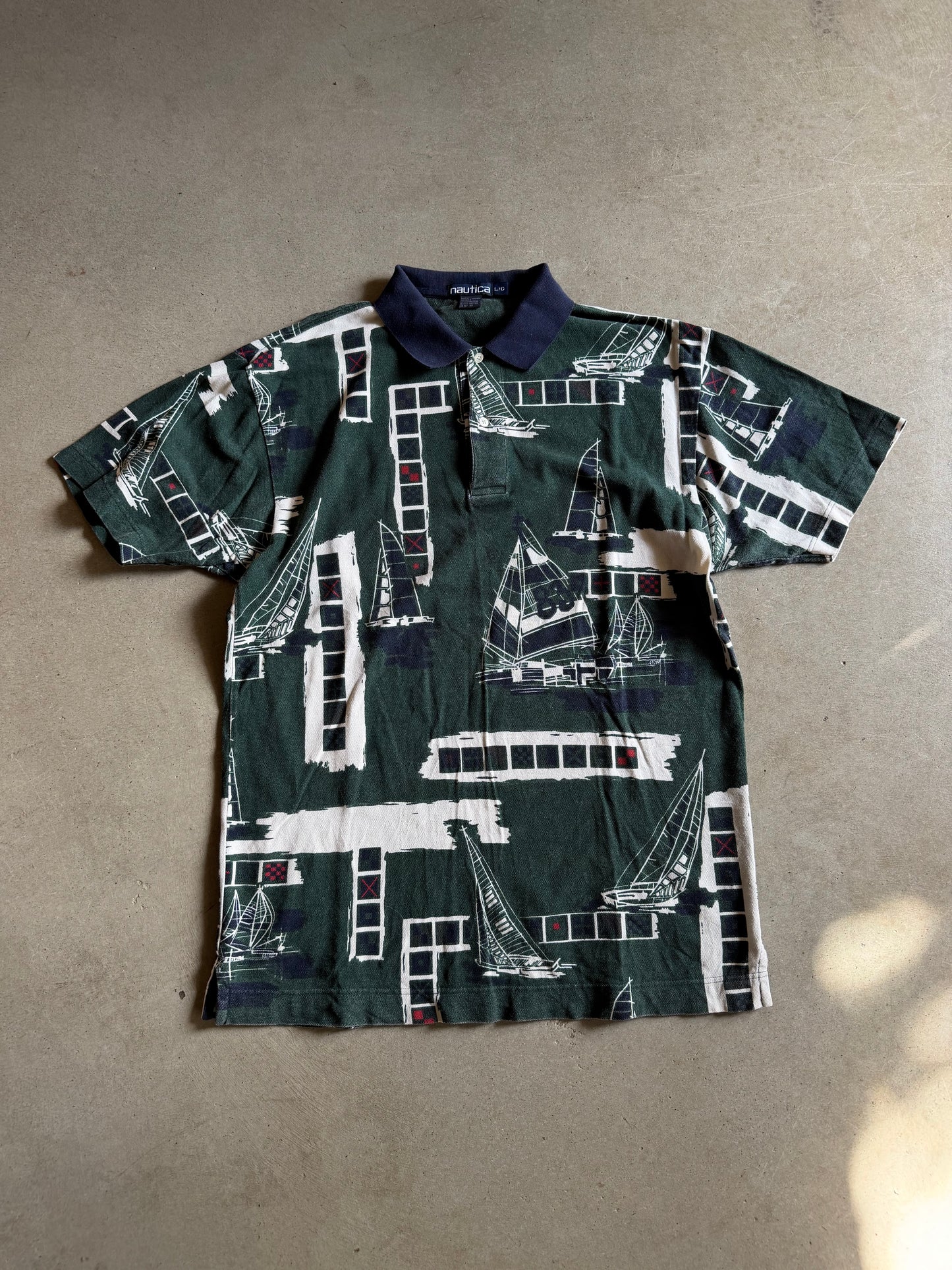 VTG Nautica Boat Green/Navy Blue Polo Shirt Sz L