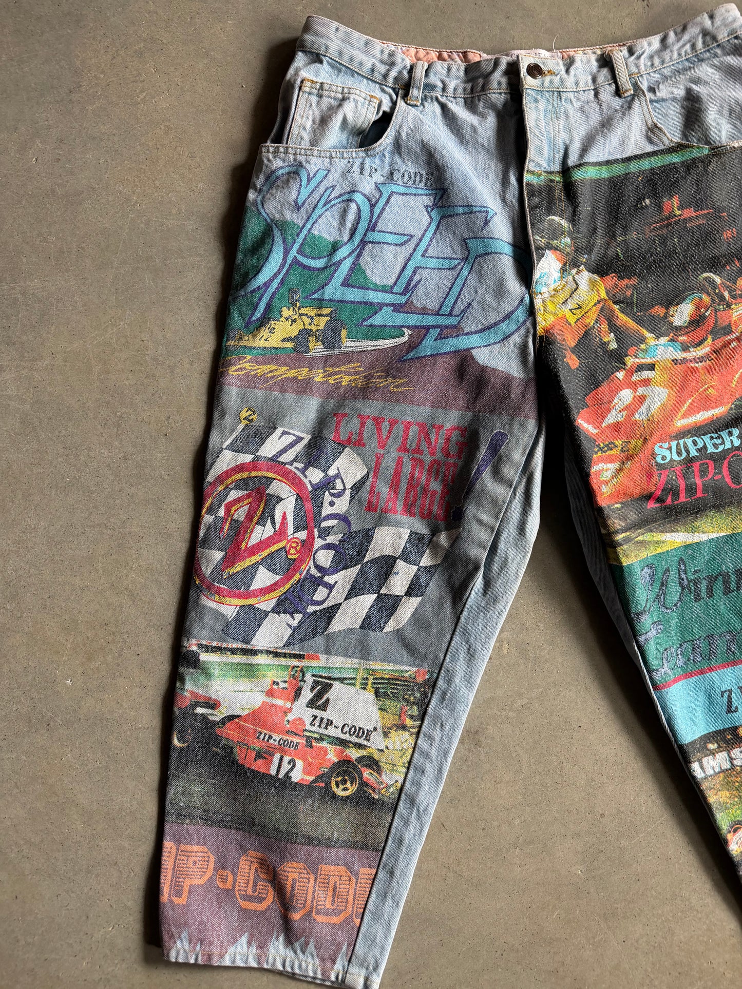VTG Zip Code Formula One Graphic Jeans Sz 36x24