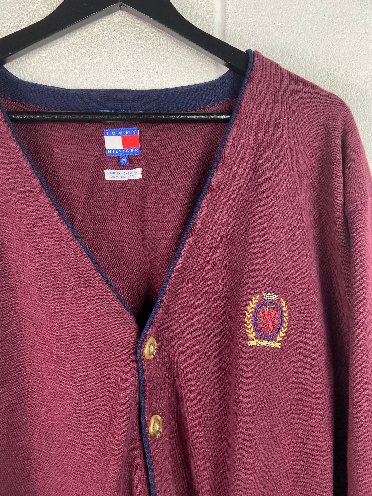 VTG Tommy Hilfiger Crest Maroon Cardigan Sz M