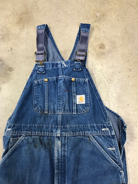 VTG Thrashed Carhartt Denim Overalls Sz 36x32