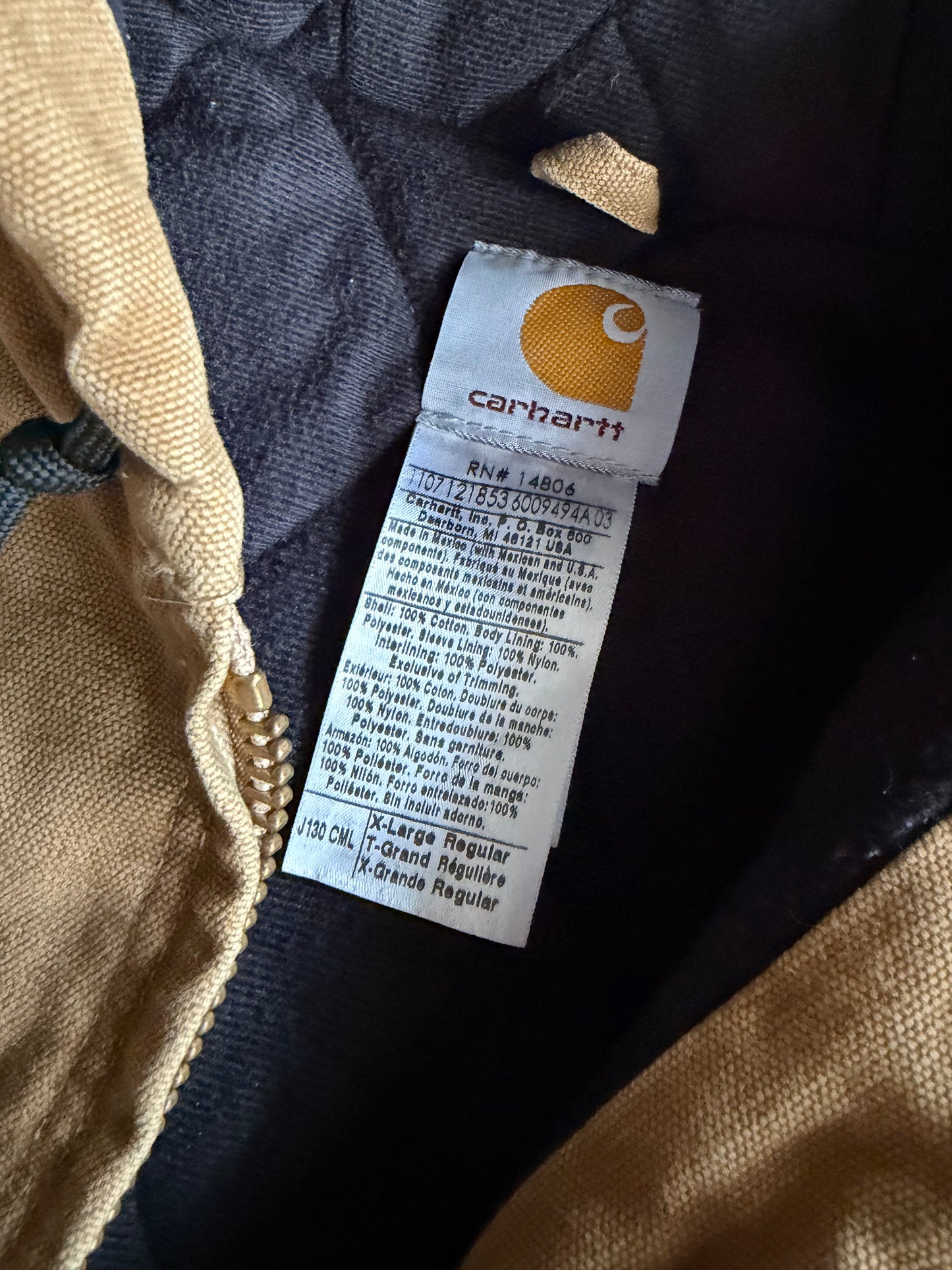 VTG Carhartt J130 CML Tan Hooded Jacket Sz XL