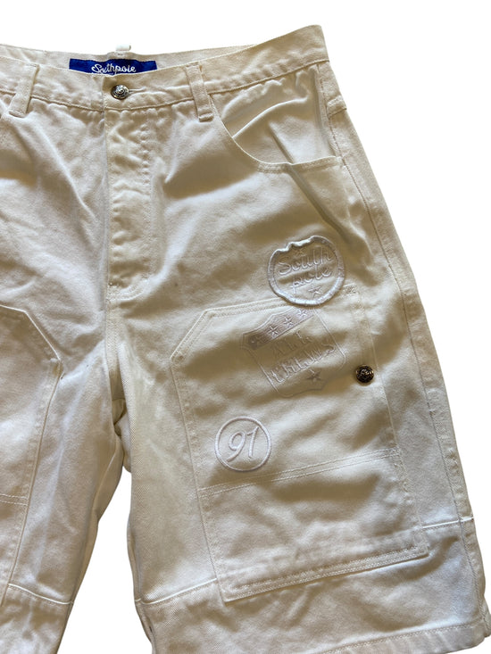 Y2K White Southpole Embroidered Denim Shorts Sz 36