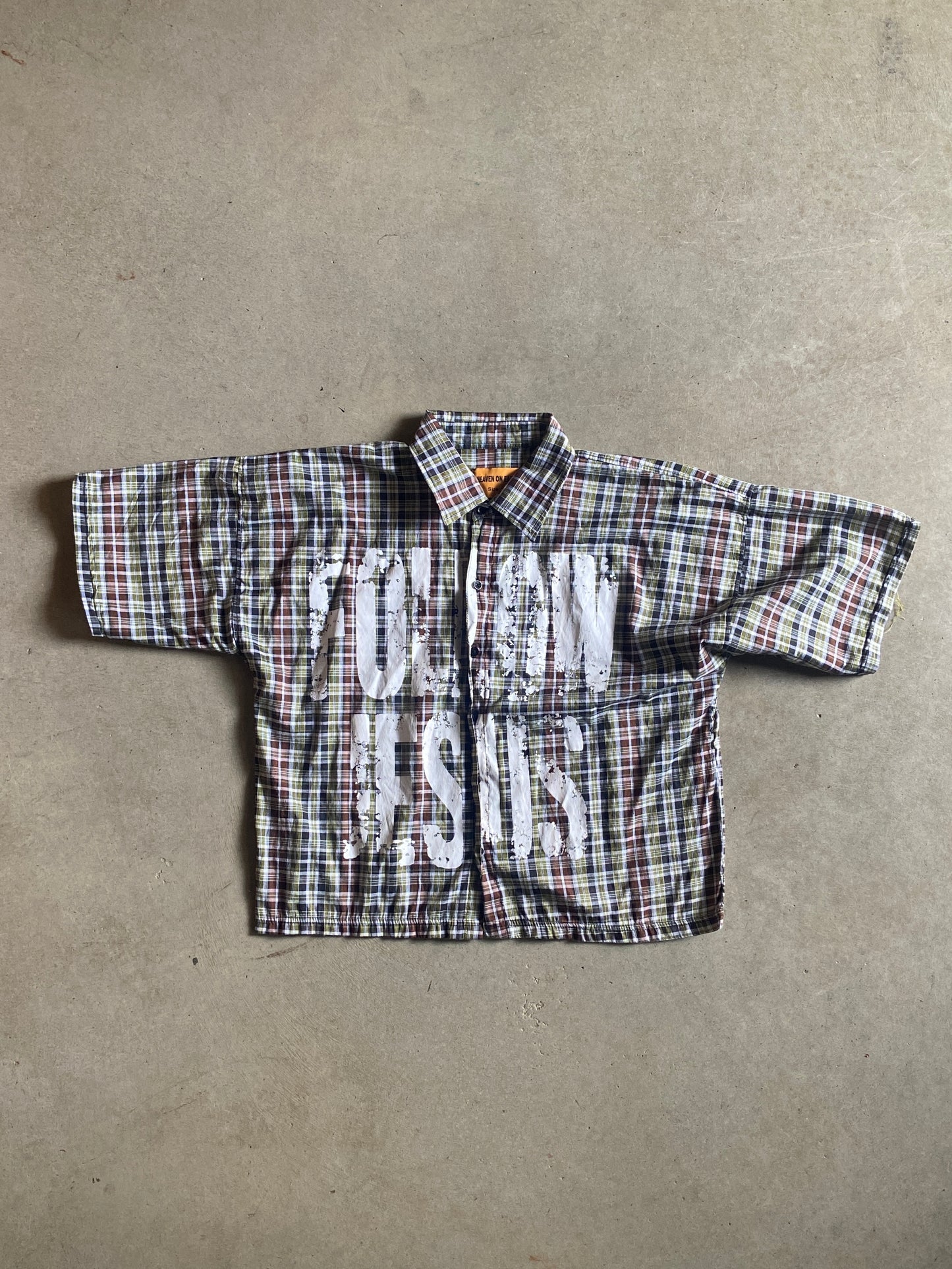 Heaven on Earth Follow Jesus Croped Oxford S/S Shirt Sz Med