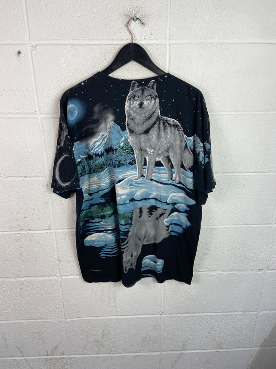 Y2K Liquid Blue Wolf All Over Print Tee Sz XL