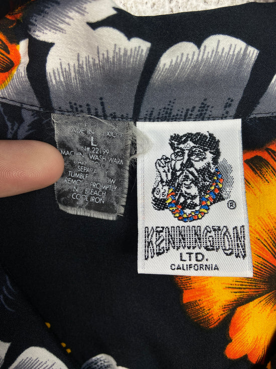 VTG Floral Hawaiian Black/Orange Button Up Shirt Sz XL