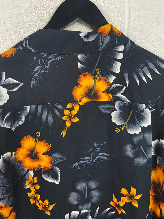 VTG Floral Hawaiian Black/Orange Button Up Shirt Sz XL
