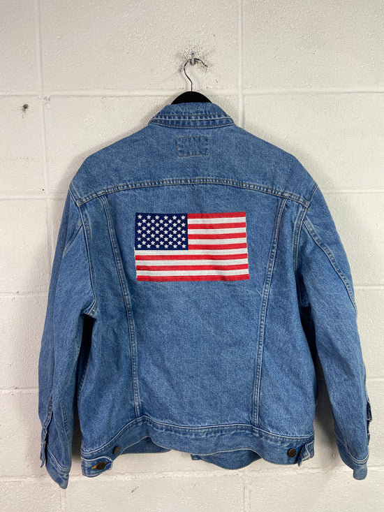 VTG Lee Jeans Bottom Line USA Flag Denim Jacket Sz L