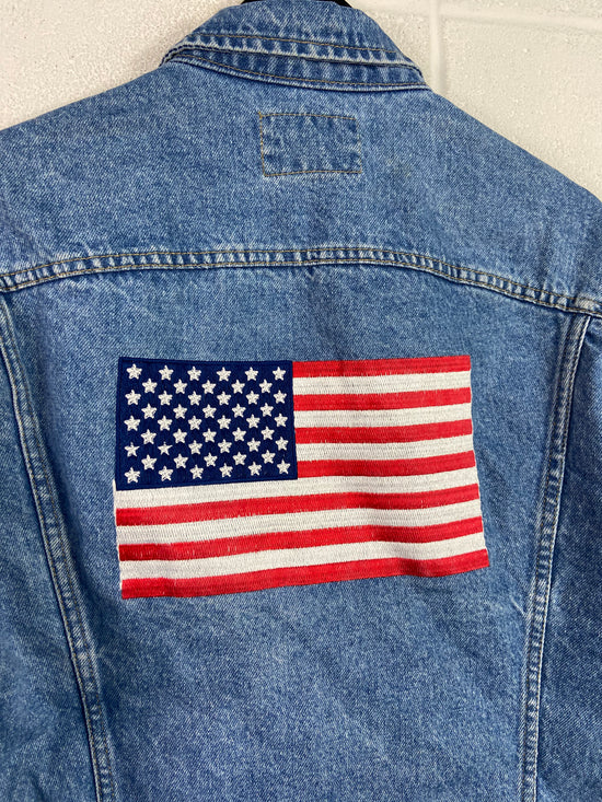 VTG Lee Jeans Bottom Line USA Flag Denim Jacket Sz L