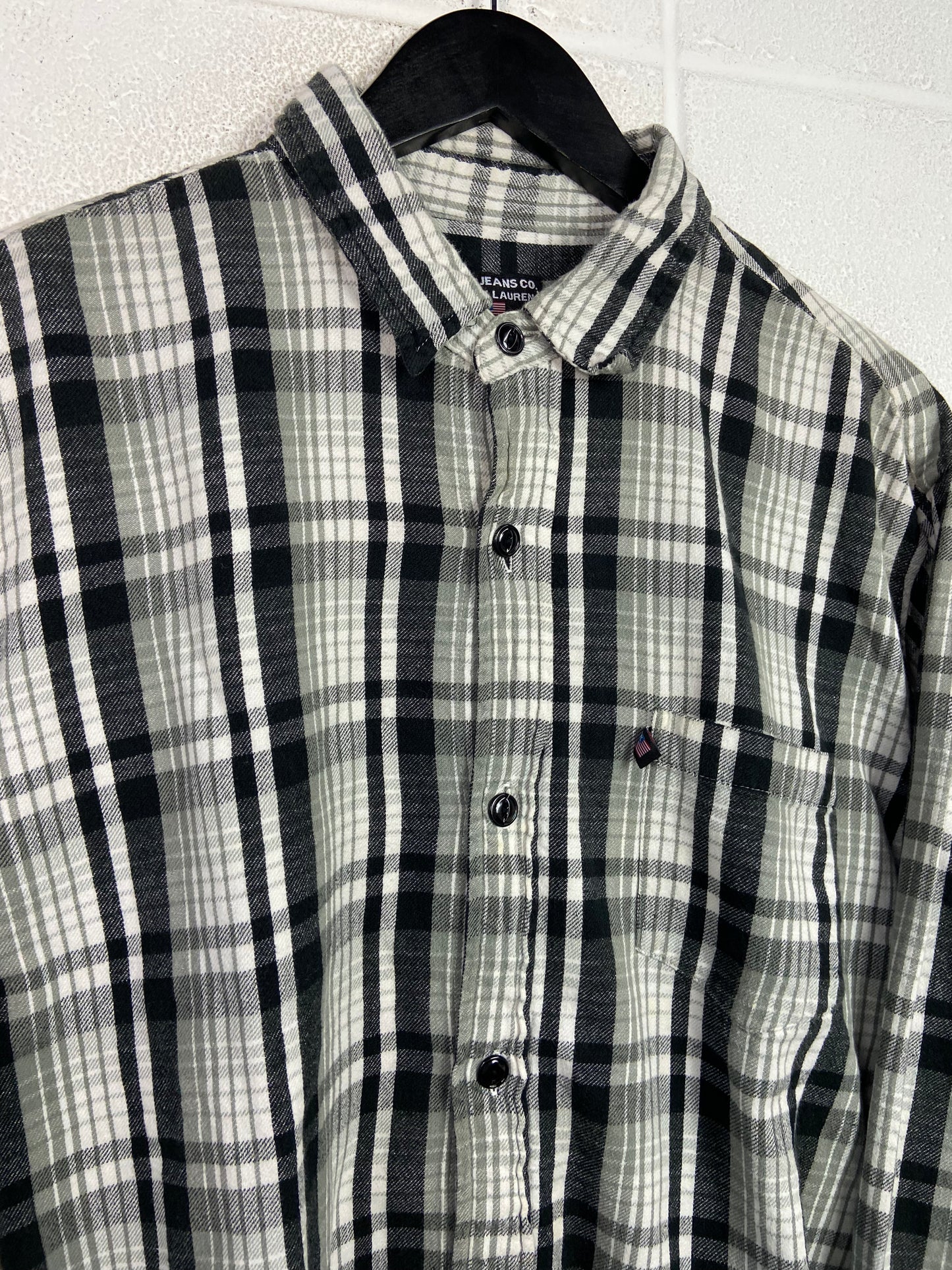 VTG Polo Jeans Black Plaid Button Up Shirt Sz L