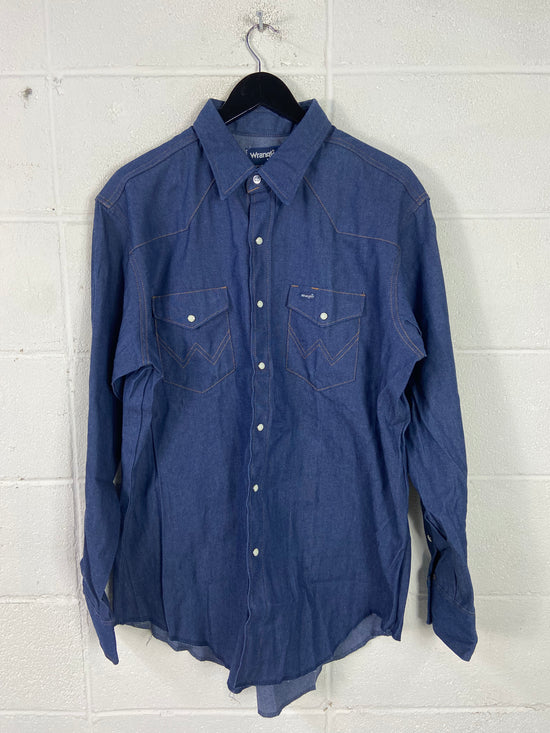 VTG Wrangler Denim Pearl Snap Button Up Shirt Sz XL