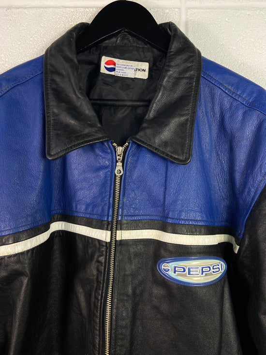 VTG Pepsi Blue/Black Leather Zip Up Jacket Sz 2XL