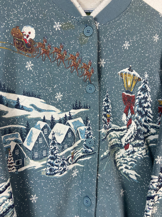 VTG Wmns Christmas Winter Forest Button Up Long Sweater Sz XL