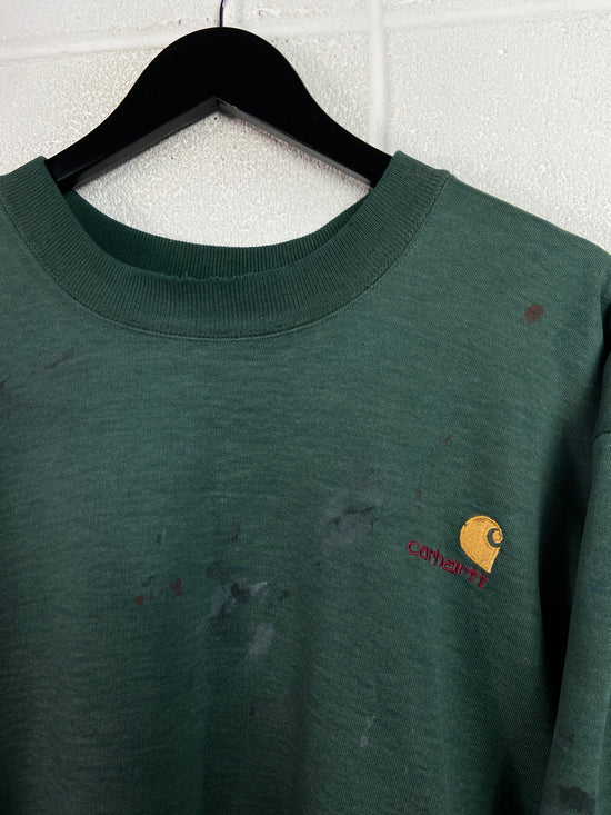 Y2K Carhartt Green Paint Splatter Thermal Lined Crewneck Sz L