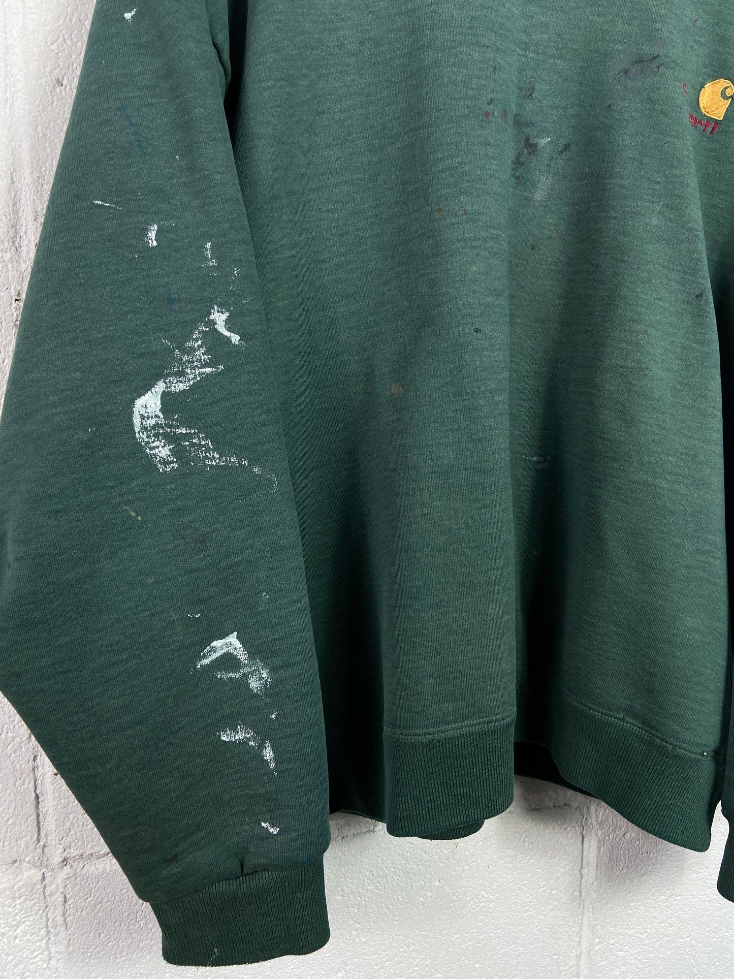 Y2K Carhartt Green Paint Splatter Thermal Lined Crewneck Sz L