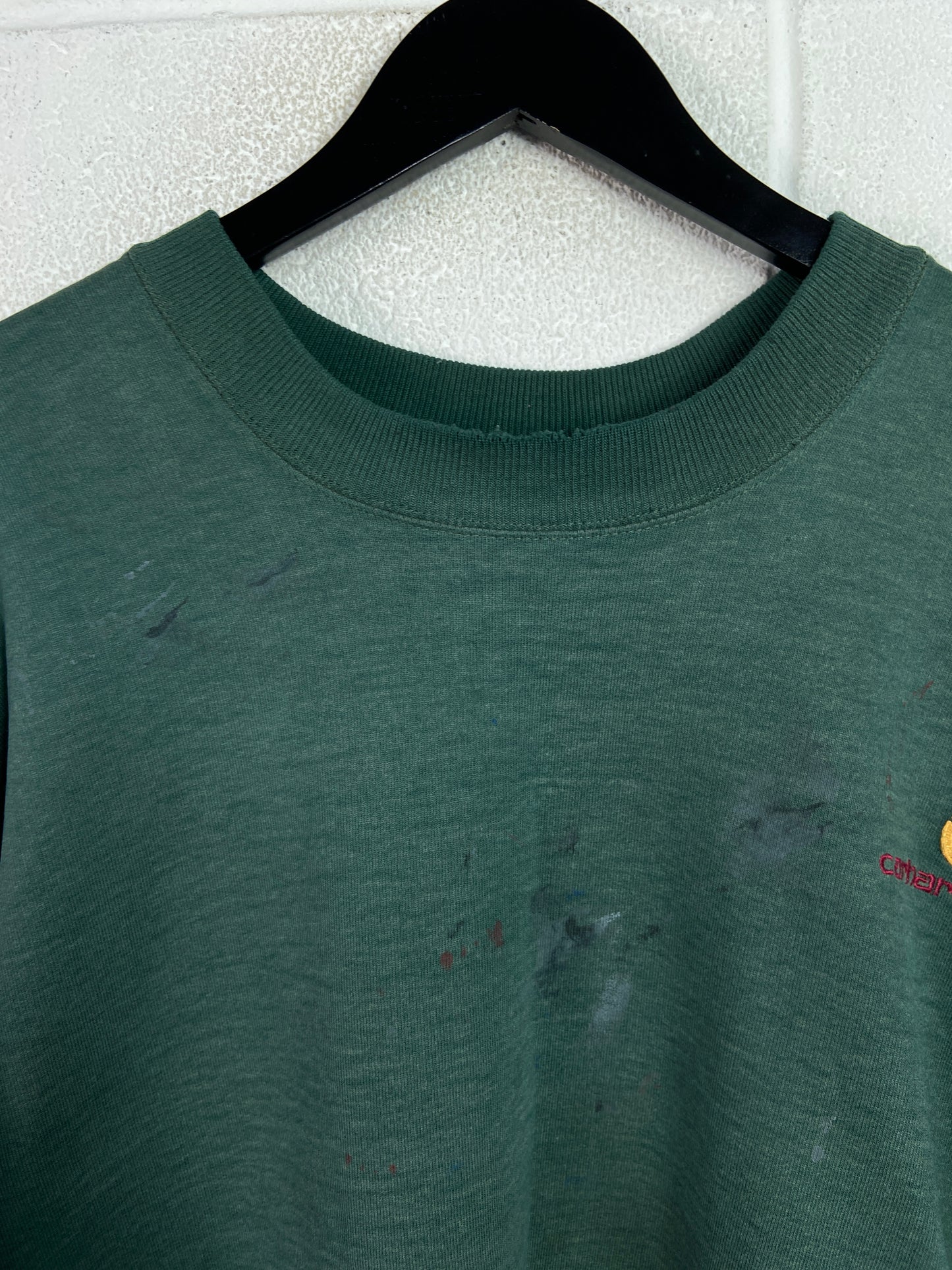 Y2K Carhartt Green Paint Splatter Thermal Lined Crewneck Sz L