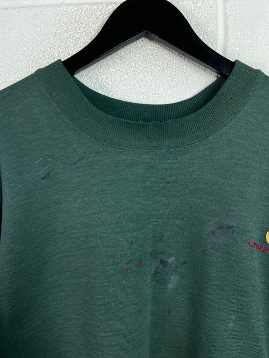 Y2K Carhartt Green Paint Splatter Thermal Lined Crewneck Sz L